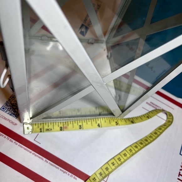 METAL and glass white lantern with handle indoor/outdoor 12” tall holiday decor. - Picture 7 of 9